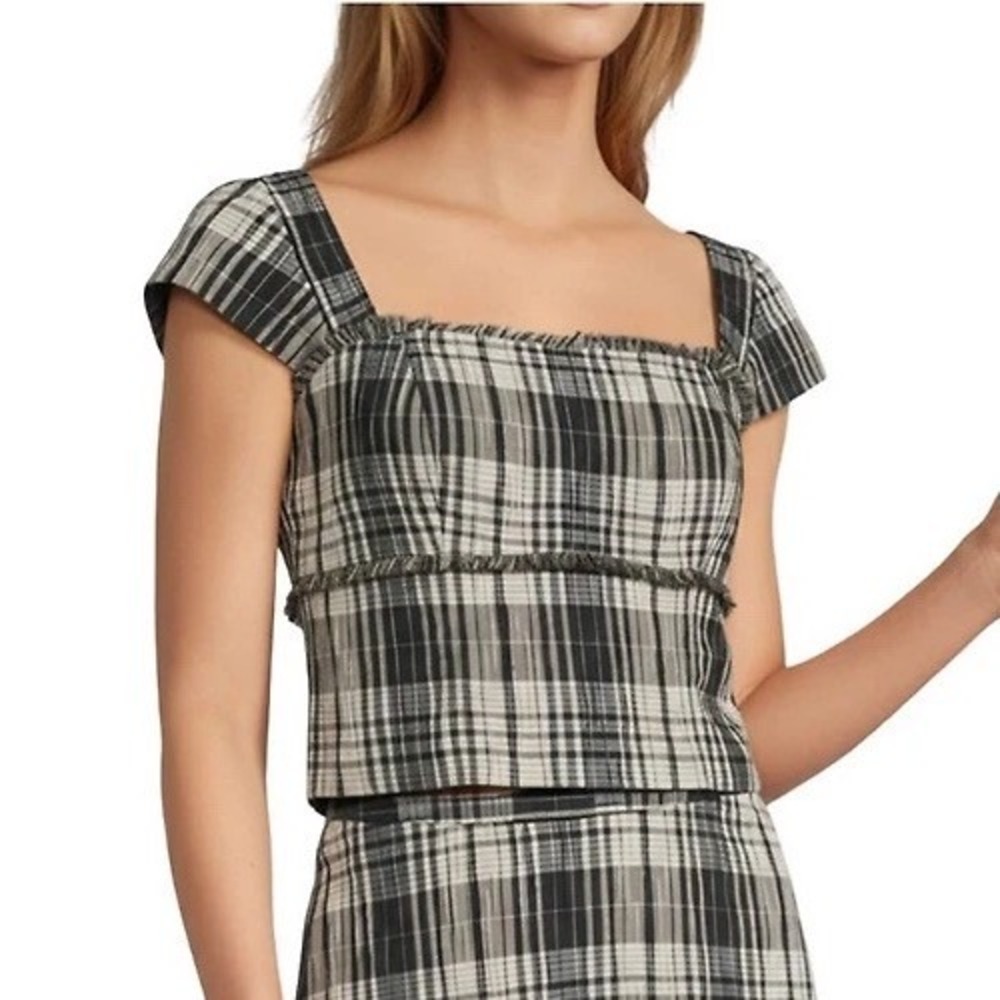 Antonio Melani Gretchen Top 8 NWT Black Cream Plaid Fringe Square Neck Crop $149